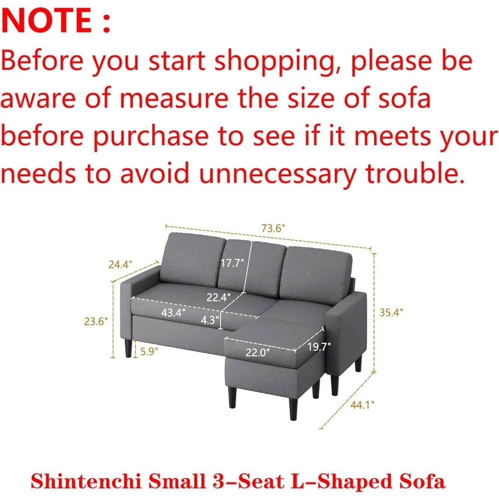 Convertible Sectional Sofa Couch, with Modern Linen Fabric Upholstered, Space-Saving Sofa with Reversible Chaise for Living Room