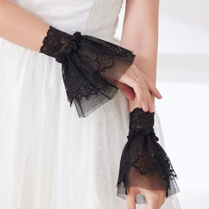 Black Lace Eyelash Sweet Decorative False Sleeves Dress Detachable Ruffled Wrist Cuffs Cosplay Party Hand Accessories