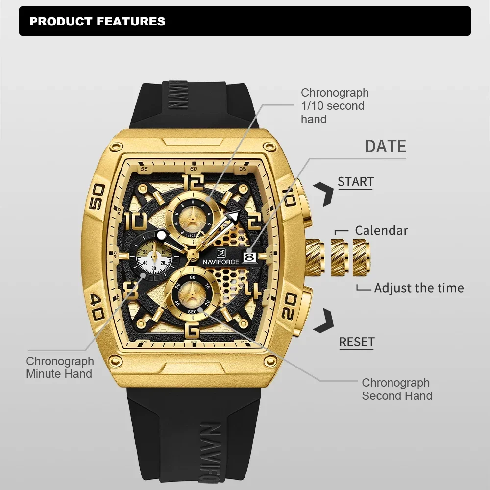 Mode Marke NAVIFORCE Männer Gold Design Quarz Uhren Casual Männlichen Armbanduhr Große Dia Multi-funktion PU Wasserdichte Uhr