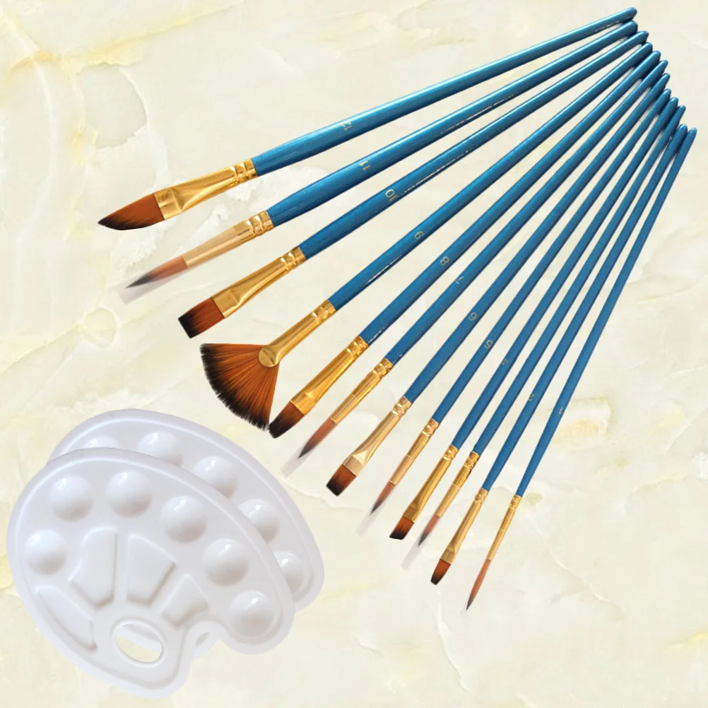 

14pcs Painting Tool Nylon Paintbrush Artist Paint Brush Color Mixing (12pcs Paintbrushes, 2pcs Palettes)