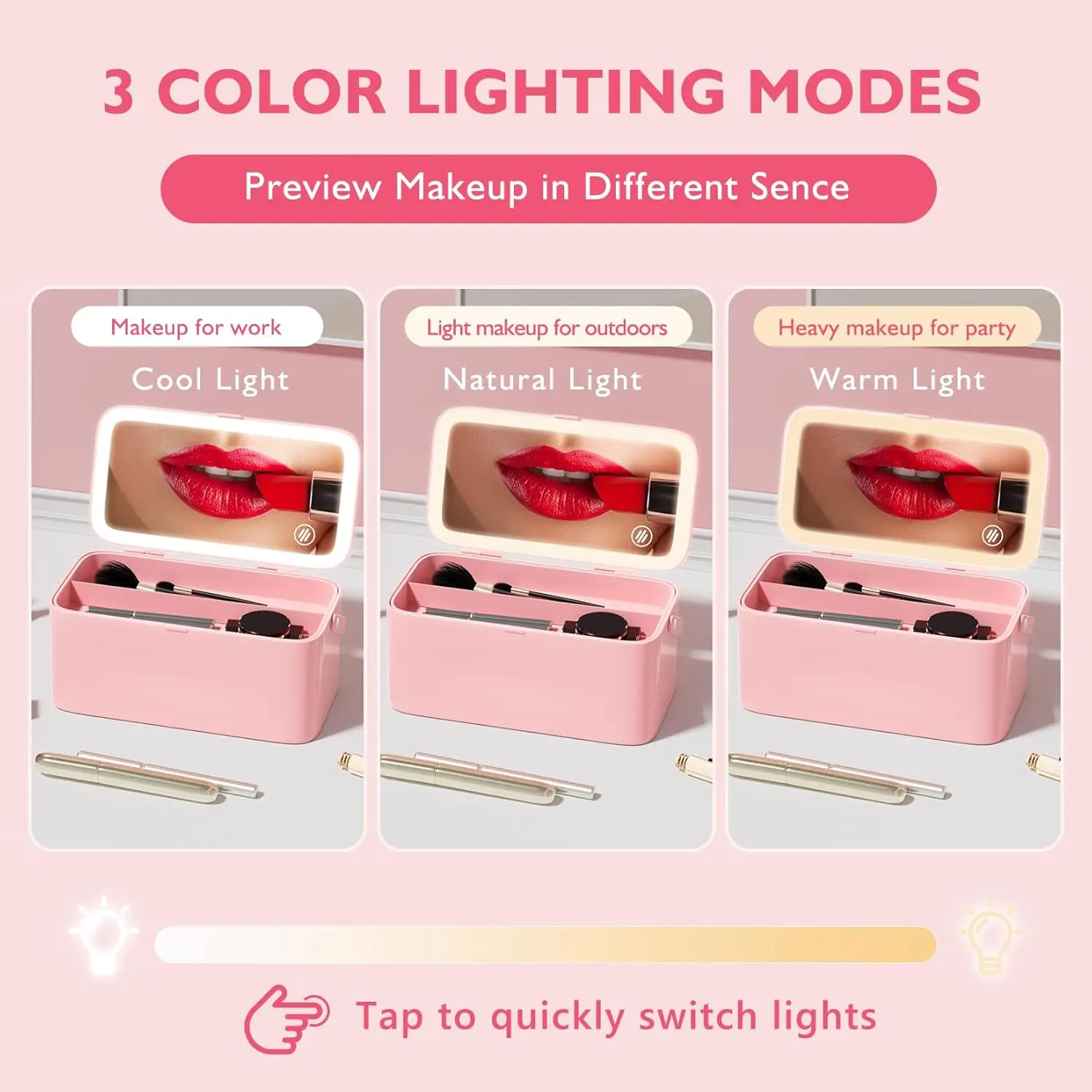 ミラー付きメイクアップケース 3色照明付きメイクアップミラー ミラー付きメイクアップボックス DIYパーティション コンパートメント付き充電式