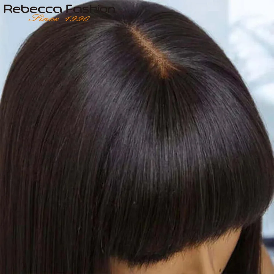 Pelucas de cabello humano lacio con flequillo, bob con raya al medio, cuero cabelludo realista, brasileño lacio con flequillo 4