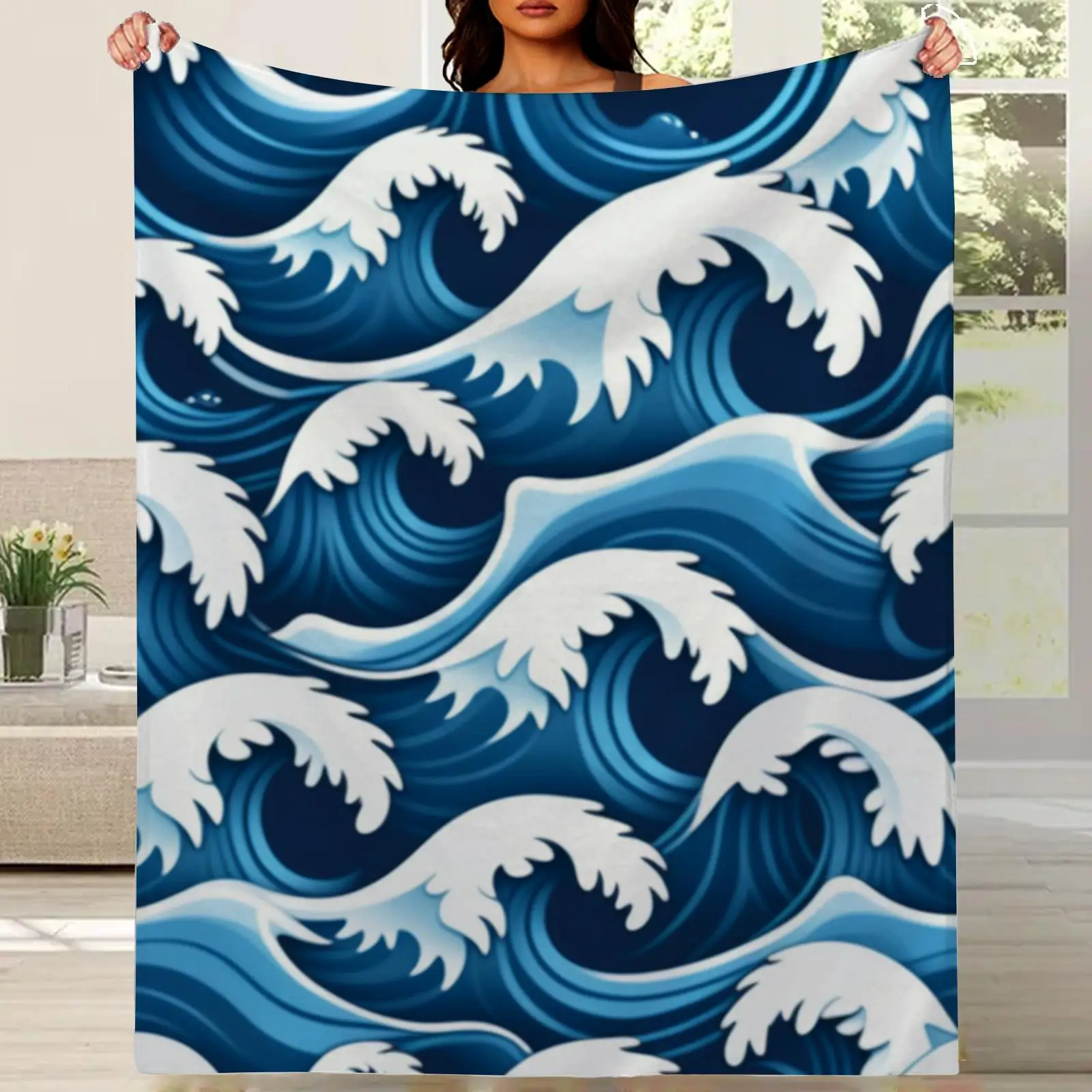 Japanese Noodle-Ridge Wave Print Blanket - Lightweight All-Season Bedspread & Sofa Throw in Navy Blue & White, Soft Durable Flan
