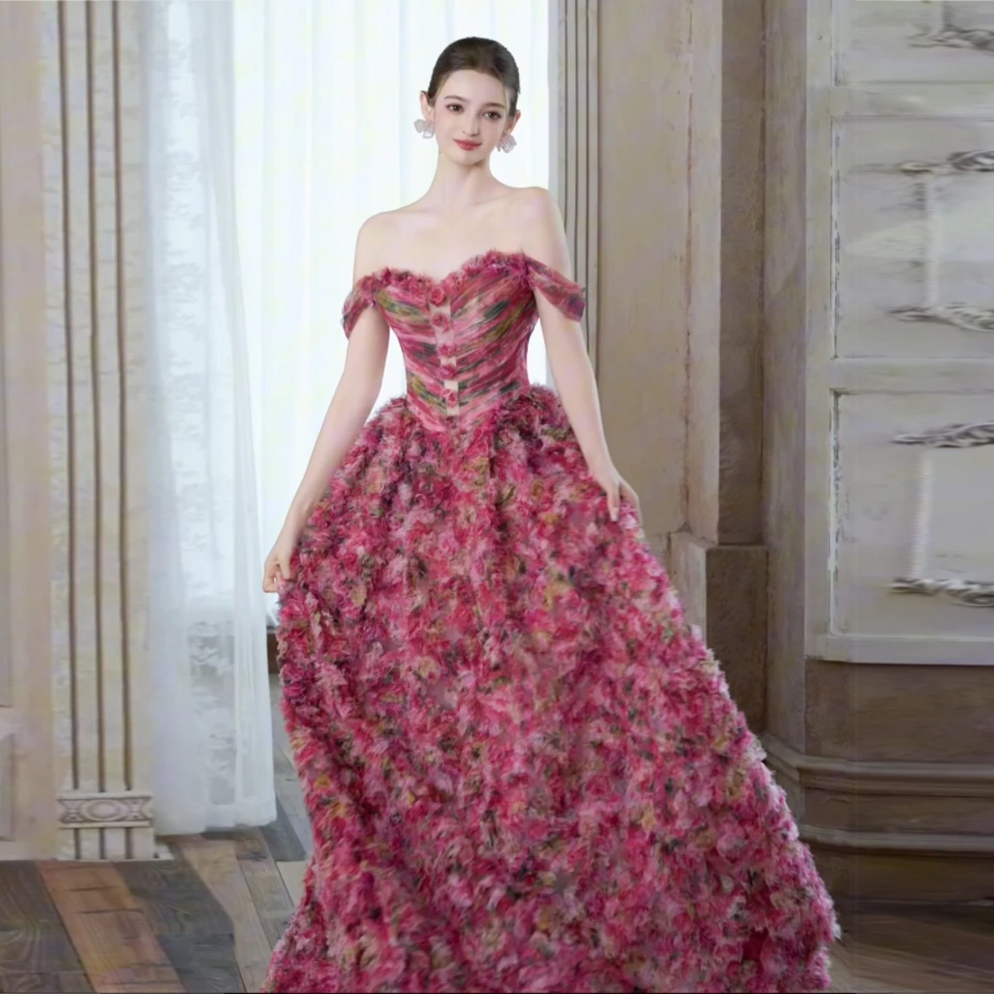 Vestido de noche elegante con hombros descubiertos, con cordones en la espalda, tren de barrido, vestidos de fiesta