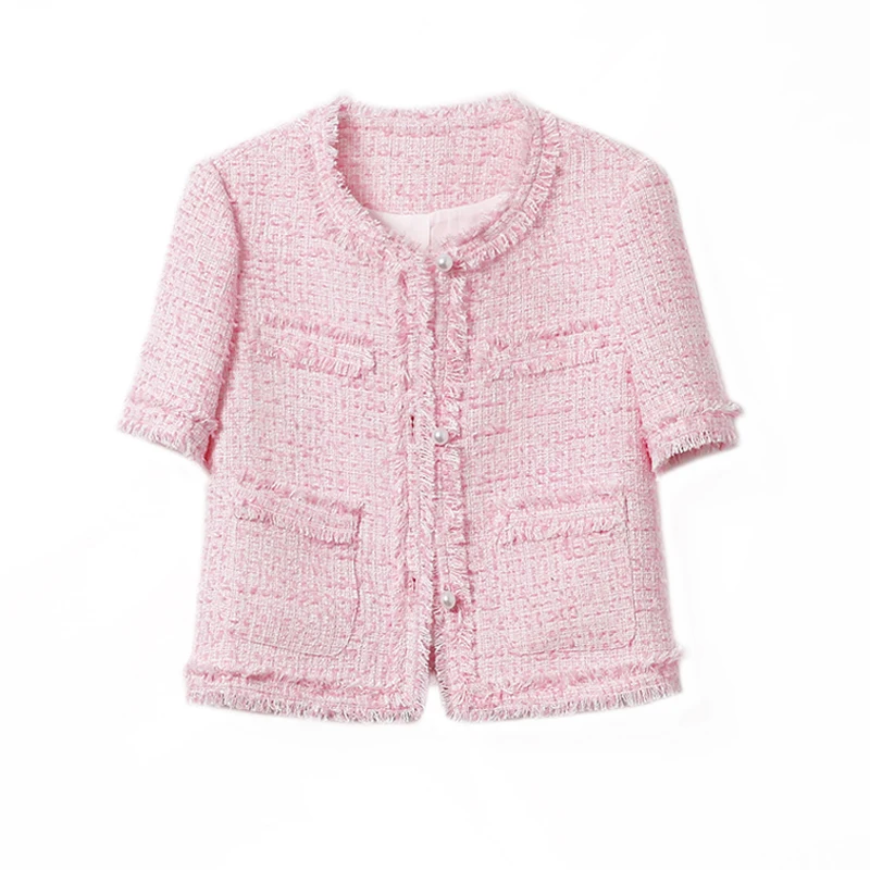 Imagem -06 - Cabolsa Rosa de Manga Curta Senhoras Doce Pequena Fragrância Tweed Fino Cabolsa Casual Novo Top para Todos os Jogos