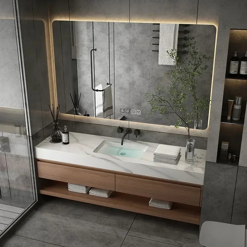 Under Sink Bathroom Furniture Minimalist Bathroom Cabinet Integrated Rock Plate Ceramic Washbasin Bathroom Vanity Cabinets