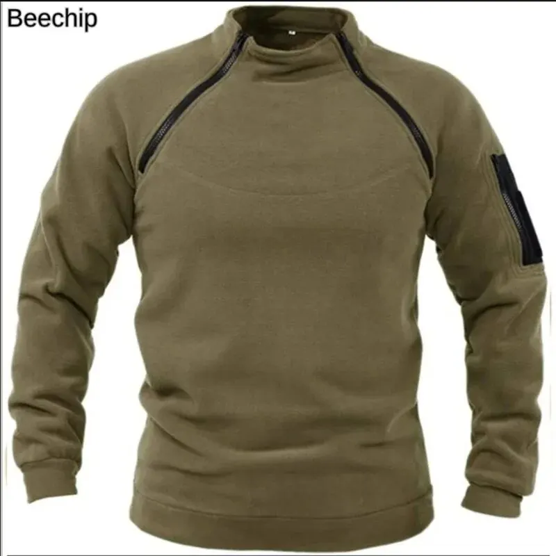 Men\'s Outdoor Warm And Breathable Tactical With Zipper Design, Standing Neck, Long Sleeves, Thickened Solid Color Sweater