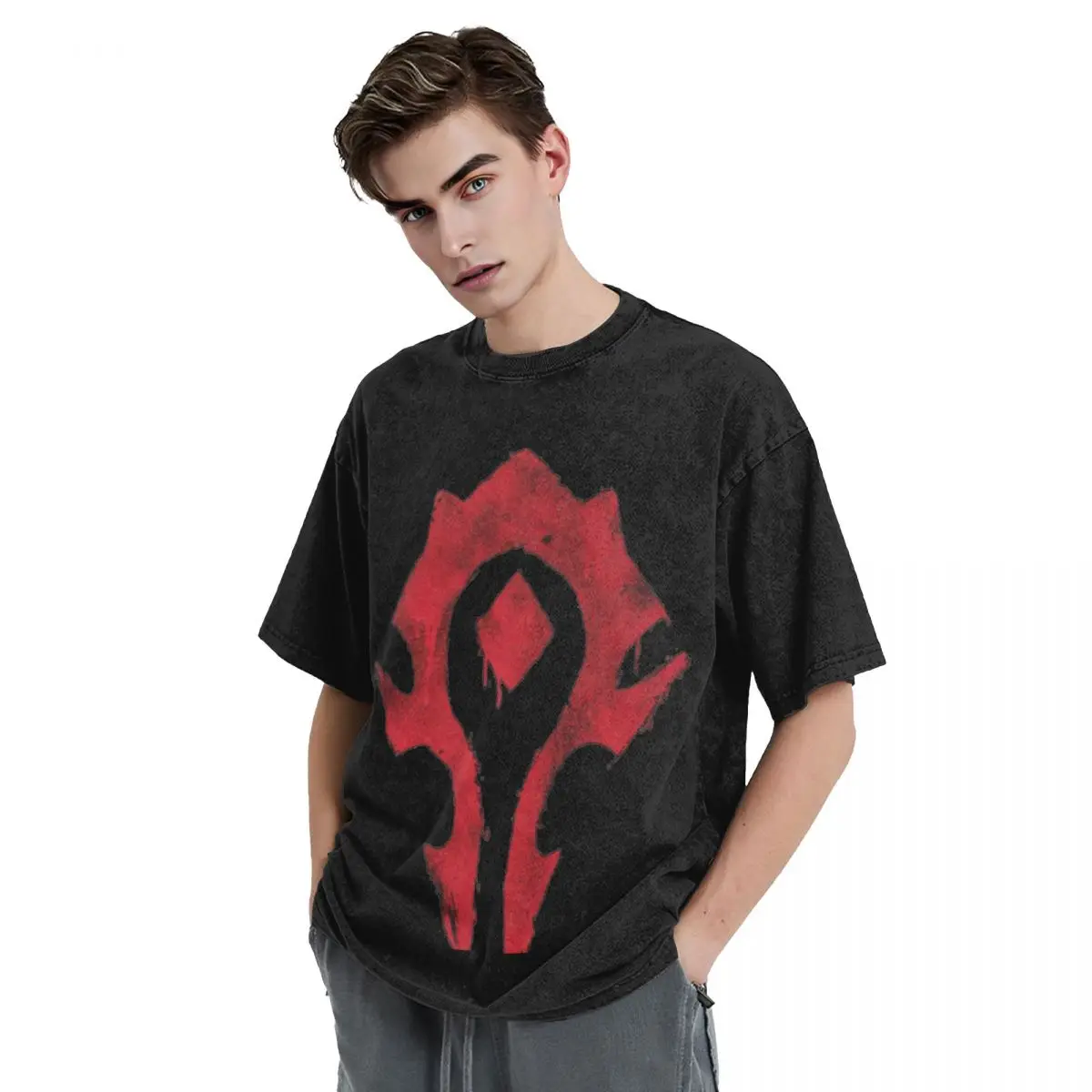 Men World Of Warcraft T Shirts The bloody horde logo Tees Beach Vintage Short Sleeve T-Shirt O Neck Leisure Tee Shirt Cheap