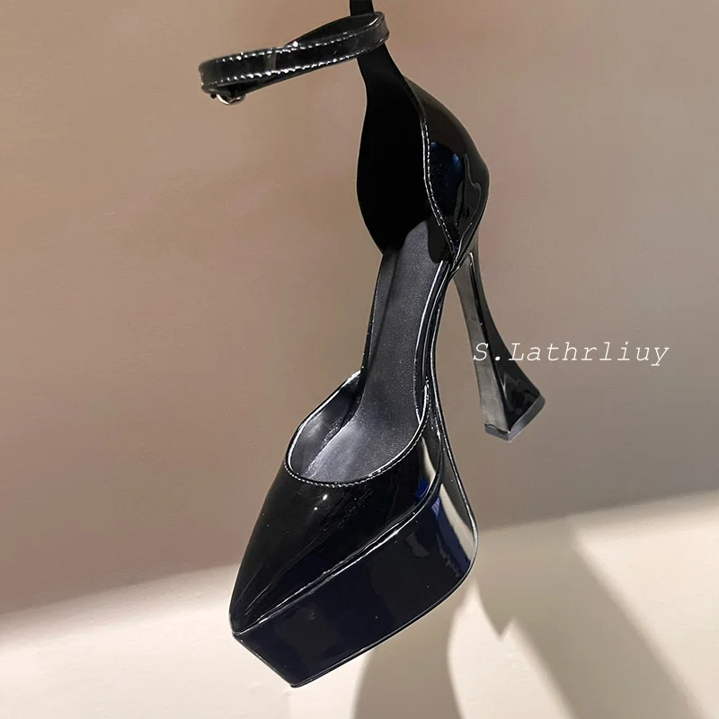 Spring Autumn Pointed Toe Patent Leather Thin High Heel Women's Closed Toe Thick Sole Ankle Strap Sandals Sexy Party Dress Shoes