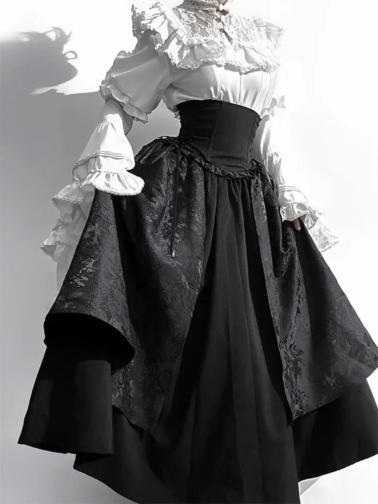 Gothic Lolita Long Skirt Set Women's High Waist Shirt Sleeve Elegant Vintage Style Spring Fashion Outfit Dark Theme view 4
