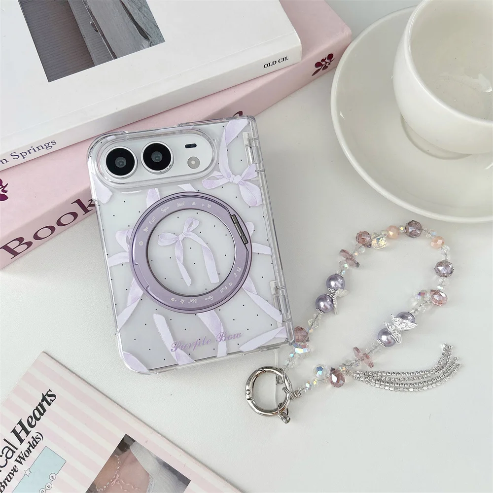 Fashion Korean Cute Full bowknot Magnetic Phone Case For iPhone Duo Cover Kawaii Protective Cases With Chain For Magsafe