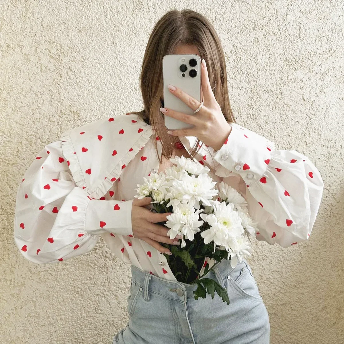 

Love Printed Shirt Europe and America 2025 Summer New Red Love Printed Doll Collar Lantern Sleeve Shirt