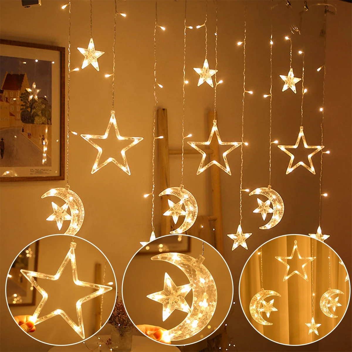 Moon Star Led Curtain Garland String Light EID Mubarak Ramadan Decorations 2024 Home Decor Islam Muslim Event Party Supplies