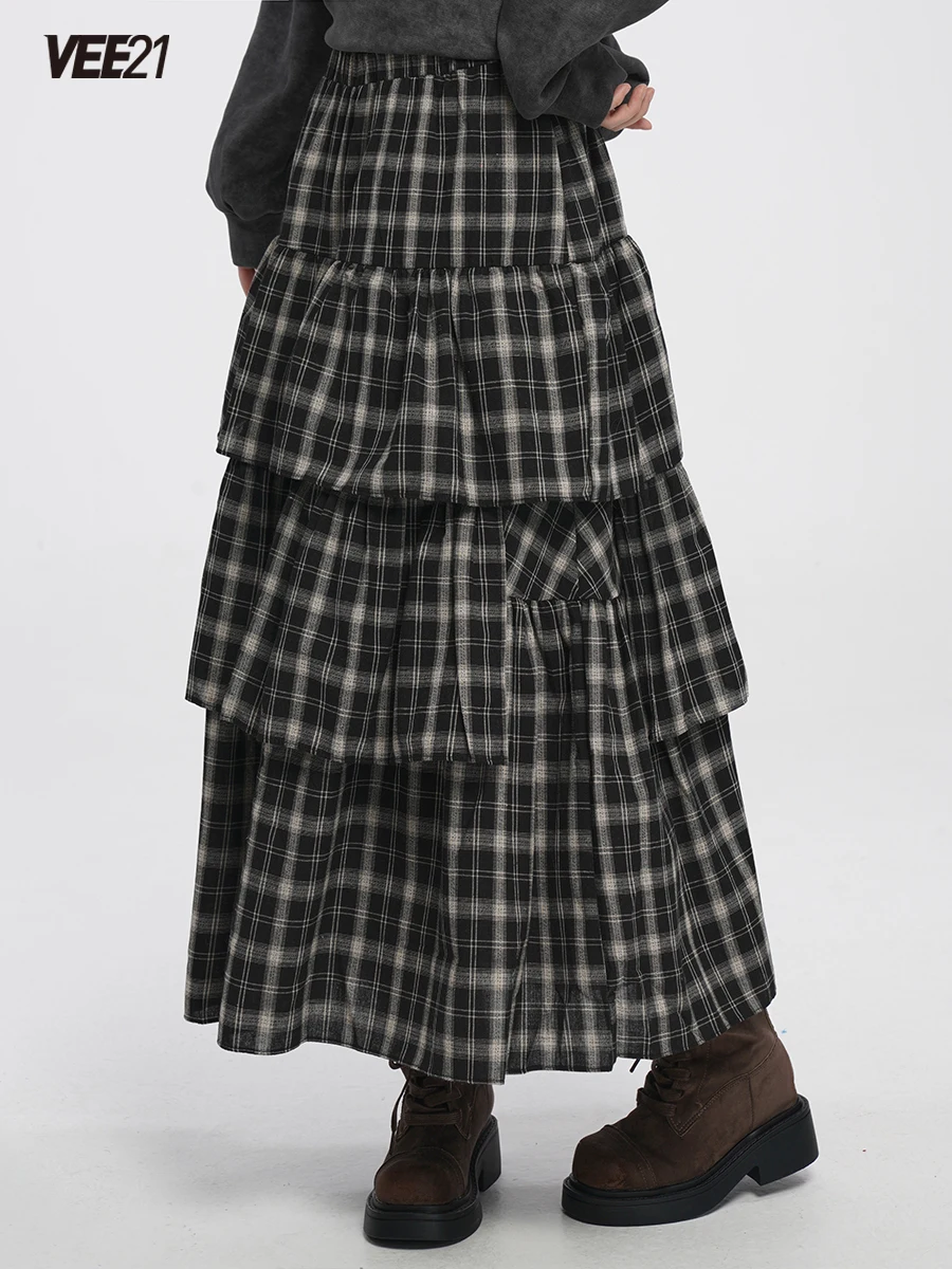 

Vee2 Puffy Cake Skirt Plaid Long Autumn Winter Art Student Literary Sle Low Waist Cotton Gingham Artistic Casual Skirt