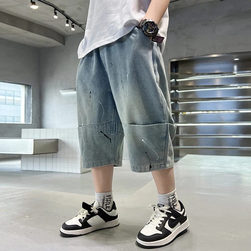 New Boys Casual Denim Shorts Y2K Loose Praising Basketball Harajuku Summer Fashion Design Personalized Hip Hop Jeans Clothing 8T