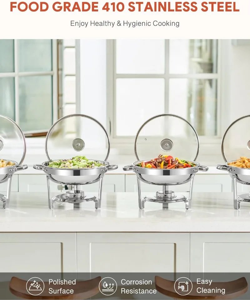 Set da buffet per scaldavivande, confezione da 4 ciondoli rotondi da 5 qt per catering con coperchio in vetro e supporto per coperchio, supporto per carburante per padella per acqua,