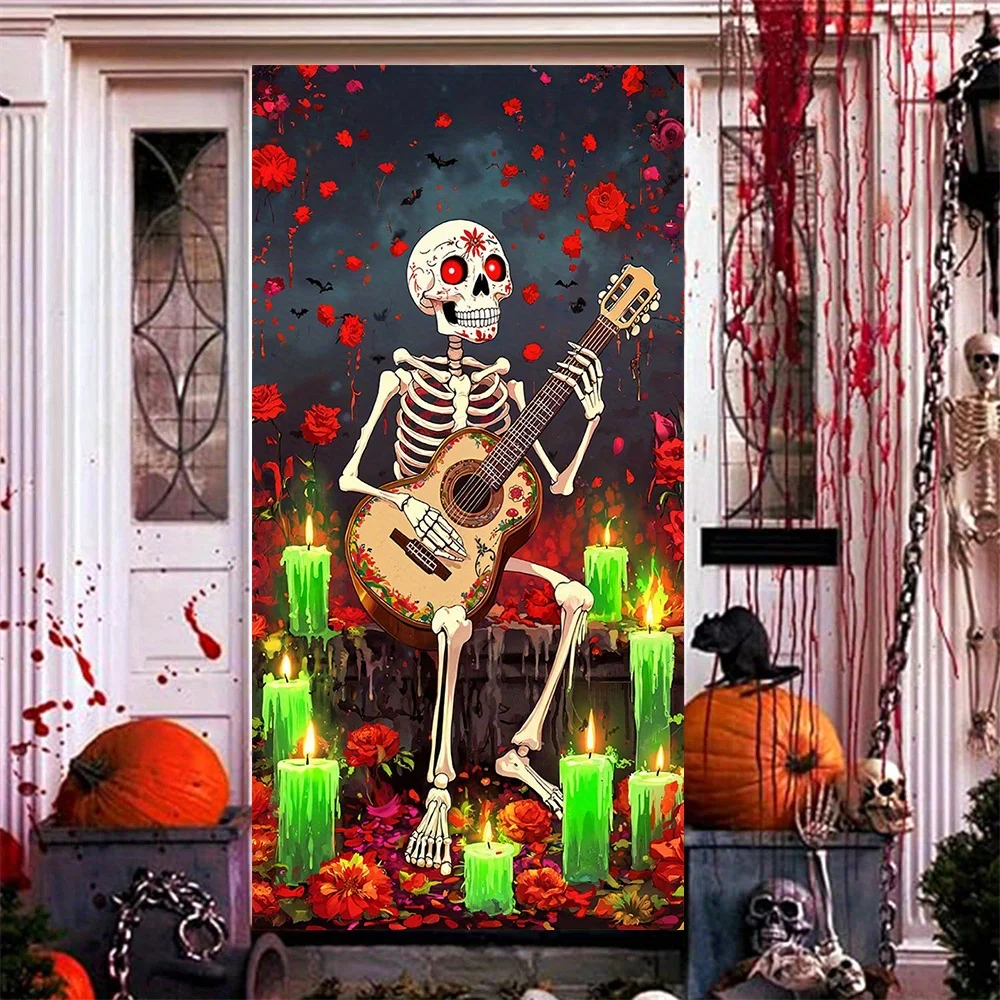 Ein lustiger Halloween-Türrahmen, Totenkopf-Gitarrenperformance, kreativer Türaufkleber mit Kerzenlichtblumenmeer, Halloween und Weihnachten