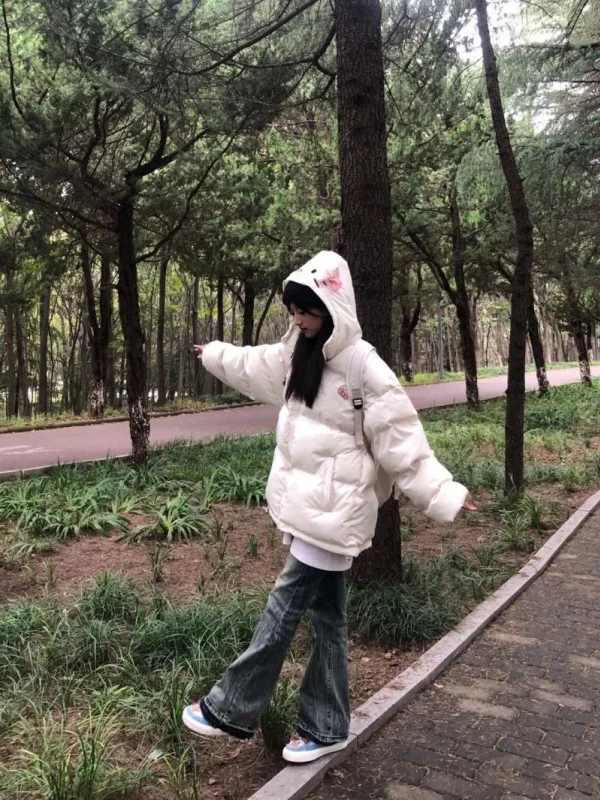 

Очаровательная американская мультяшная хлопковая куртка для женщин, утепленное пальто с капюшоном, новая зимняя верхняя одежда в корейском свободном стиле