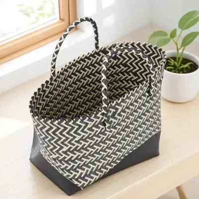 

Foldable Hand knitted Bag Straw Plastic Shopping Tote Large Capacity Cylindrical Shoulder Women Casual Striped Wallet Style