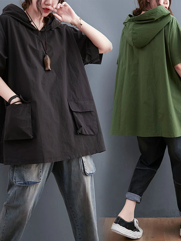 Summer New Loose Fit Hoodie Women's T-irt Patchwork ket Pure Color Hooded Casual Workwear Sweatirt Mid-Length Sve