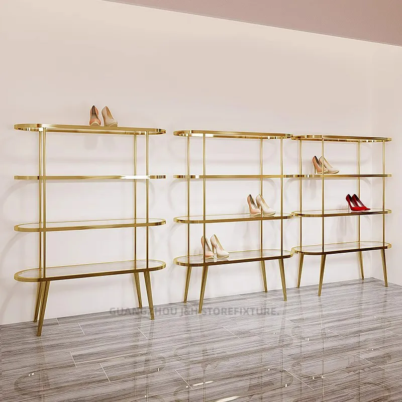 Rak Sepatu Akrilik Furnitur Komersial Rak Toko Sepatu Rak Display Rak Lantai Tas Tangan Cermin Emas Stainless Steel