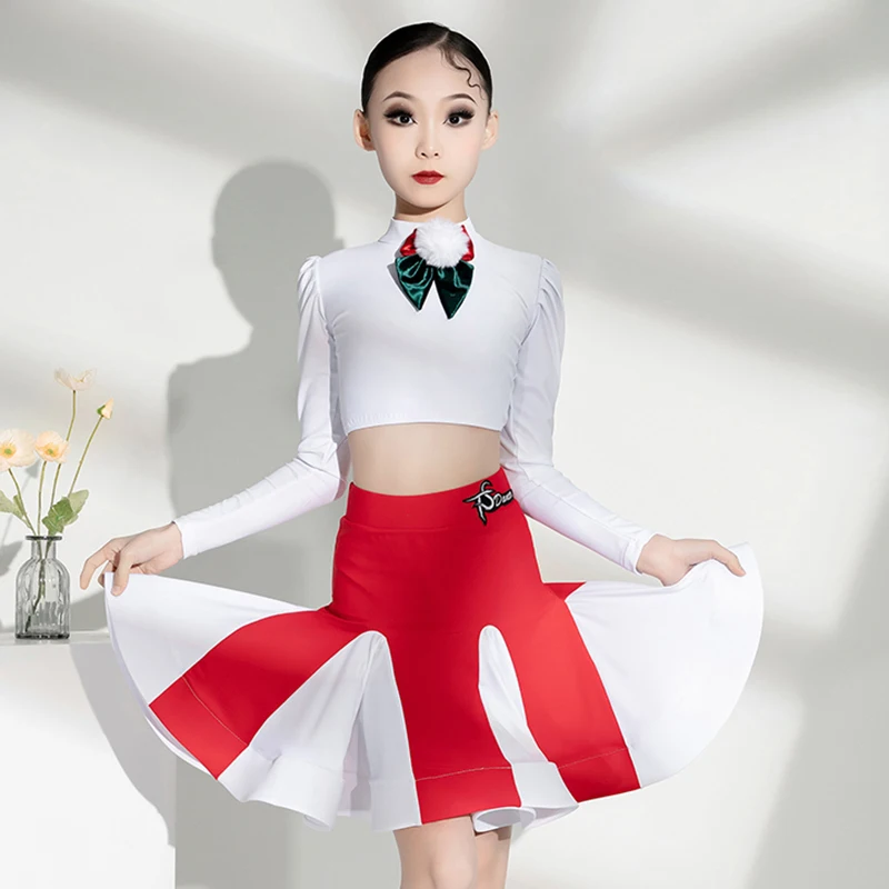เด็กผู้หญิงชุดฝึกซ้อมเต้นรำละตินมาตรฐานแห่งชาติเสื้อแขนยาวและกระโปรงชุดปาร์ตี้คริสต์มาส