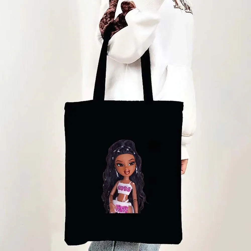 Sexy Lovely Cute Babygirl Bratz Doll Pink Girlz Cartoon Girl Women Shoulder Shopper Shopping Canvas Tote Bag Female Lady Handbag