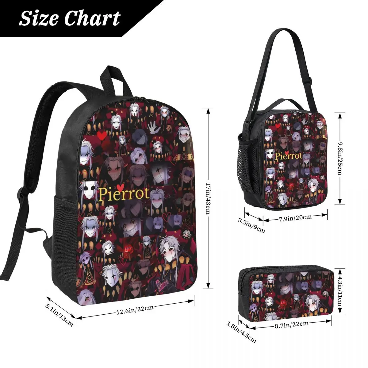3Pcs Pierrots The Freak Circus Backpack Set for Girls Boys Pencil Boxes Bookbag Sets with Lunch Box For School Students Knapsack