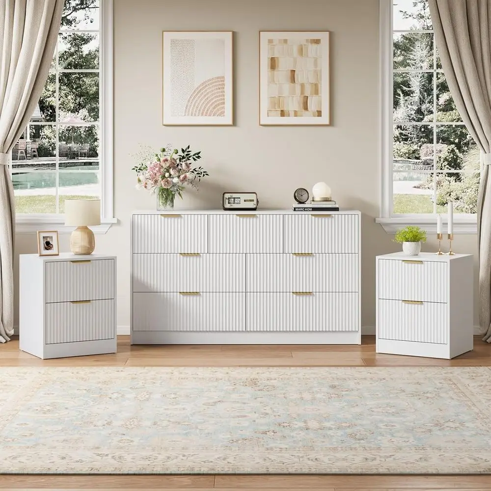 

3-Piece White Bedroom Set: 55 Wide Dresser with 2 Nightstands and Metal Handles