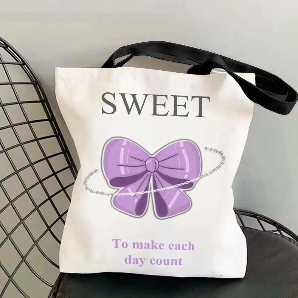 

Простые сумки для хранения с узором в виде банта, холщовые сумки для покупок с двусторонней печатью, эстетичная многоразовая сумка-тоут большой вместимости