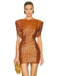 Sexy O Neck Short Sleeve Sequins Mini Dress Women Gold Shiny Sequined Slim Fit Dress Elegant Banquet Christmas Party Evening