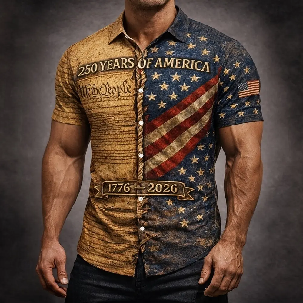 Men's US Flag We The People America's 250th Anniversary Shirt Button Up Shirt Short Sleeve Patriotic Outdoor Holiday Summer
