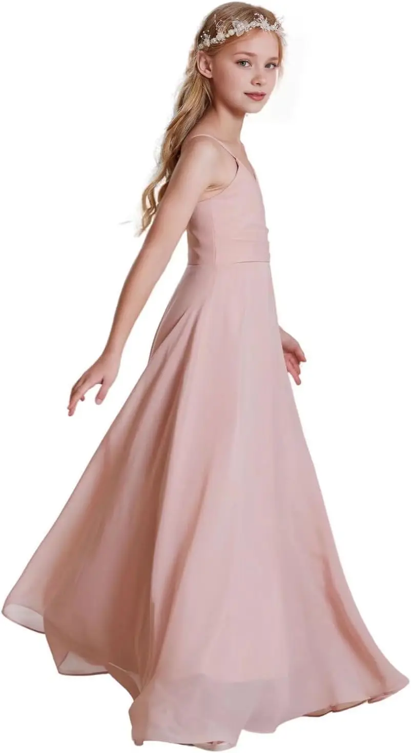 فساتين فتاة فاخرة على شكل حرف A فساتين وصيفة العروس الصغيرة من الشيفون للفتيات فستان الأميرة الطويلة فساتين رسمية بأشرطة قابلة للتعديل فستان بناتي