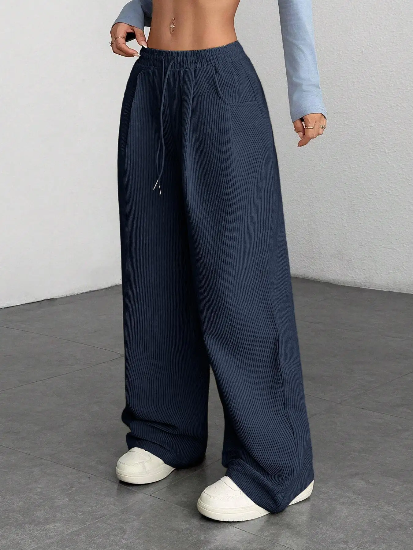 Women's Corduroy Wide Leg Pants Drawstring High Waist Pleated Front Baggy Loose Fit Pants Casual Streetwear Spring Outfit