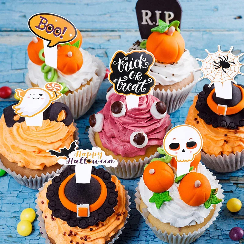 16/48pcs Halloween Cupcake Toppers Cartoon Pumpkin Ghost Bat Cake Dessert Decoration Kids Halloween Birthday Party Supplies Gift