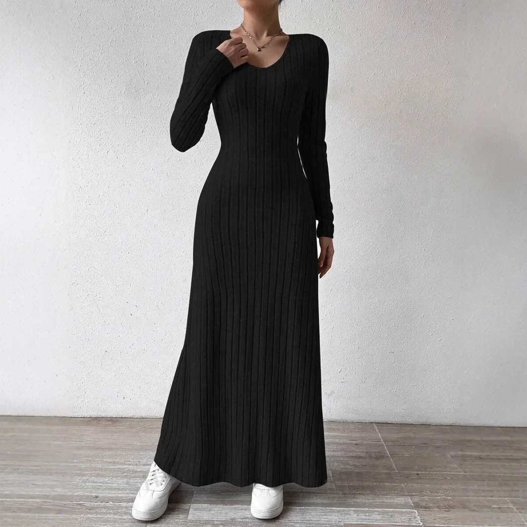 فستان عصري بلون سادة وأكمام طويلة من أمازون الأكثر مبيعًا فستان نسائي على الطراز الأوروبي والأمريكي عبر الحدود