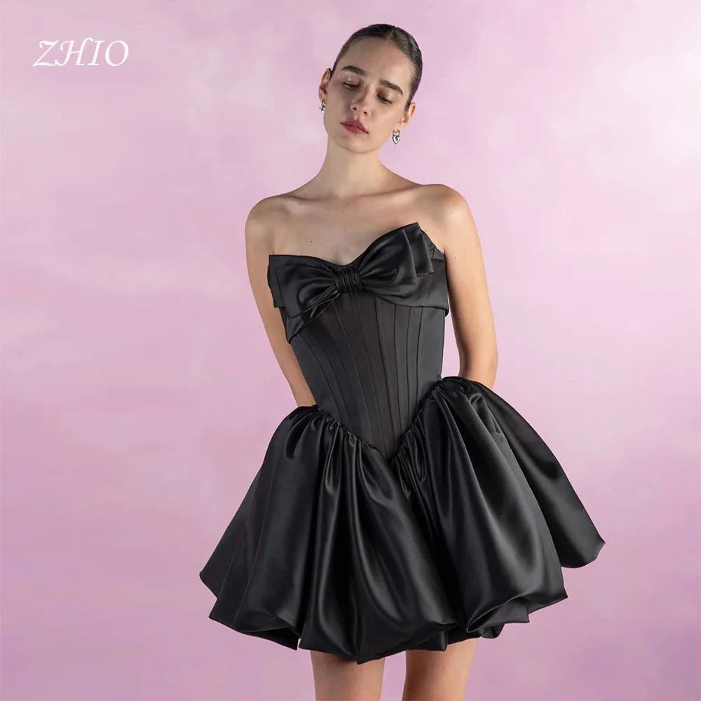 ZHIO فستان كلاسيكي لحفلات الزفاف بفيونكة حمراء داكنة ثنيات على شكل حرف a من الساتان مناسبة خاصة للاحتفال فستان حفلات قصير مخصص