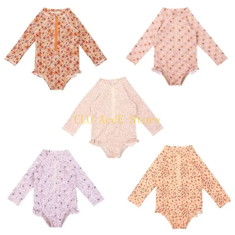 

16FE Baby Swimwear UPF50+ Round Neck Beach Clothes One-pieced Long Sleeved Toddlers Swimsuit Girls for Vacation