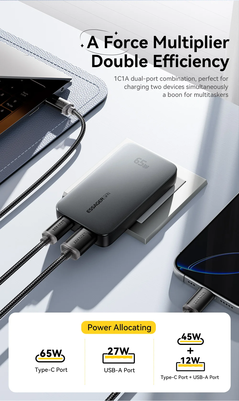 Essager 65W GaN Charger USB Type C Quick Charge 3.0 Fast Charger for iPhone 15 14 Xiaomi Samsung ipad Macbook Tablet PD Charger