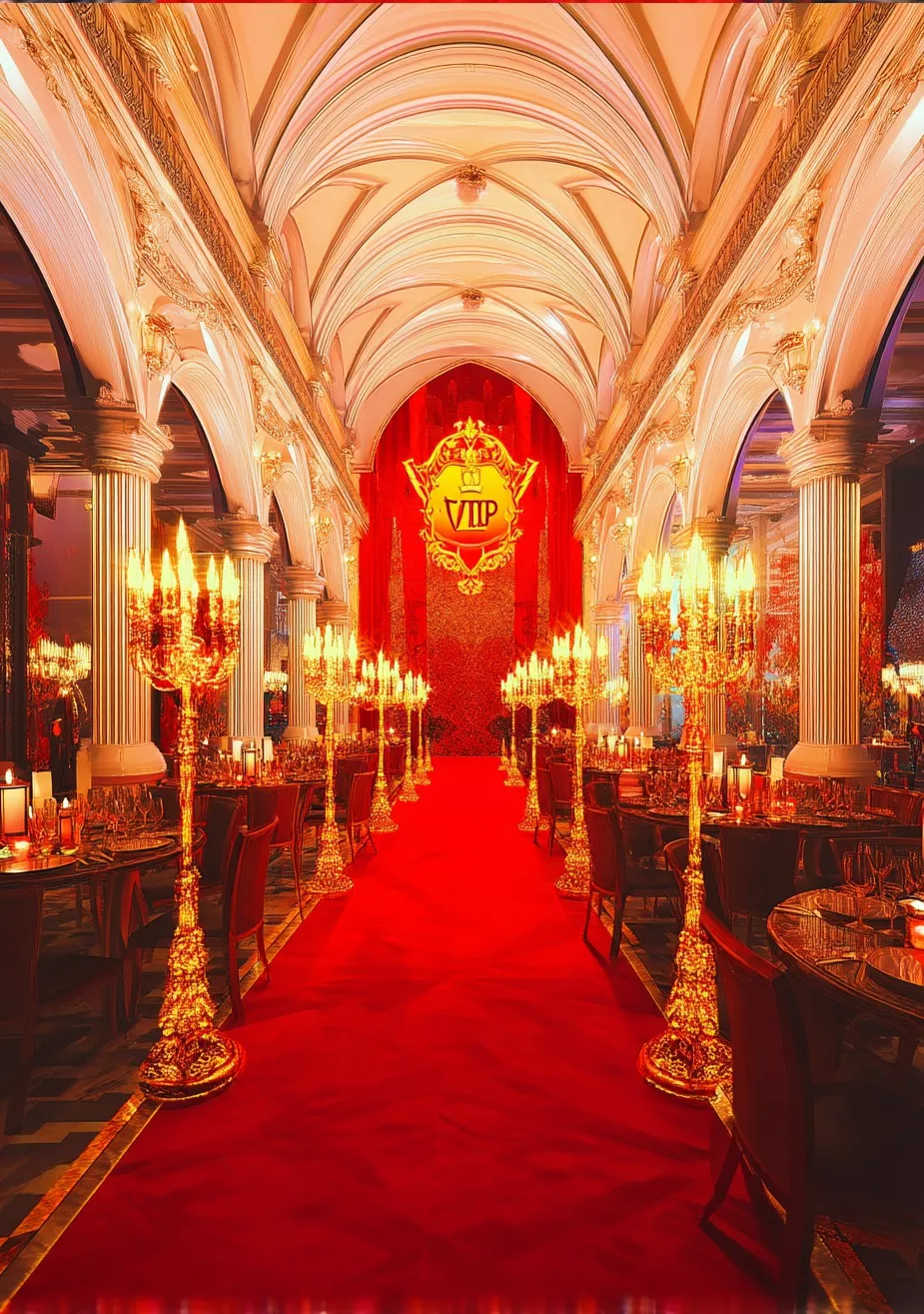 

Фон для фотосъемки VIP-галы: Зал с красной дорожкой в Королевском дворце, золотые канделябры, гербы, декор для вечеринок