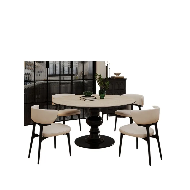 

French retro style, slate round table, small apartment high-end solid wood round dining table