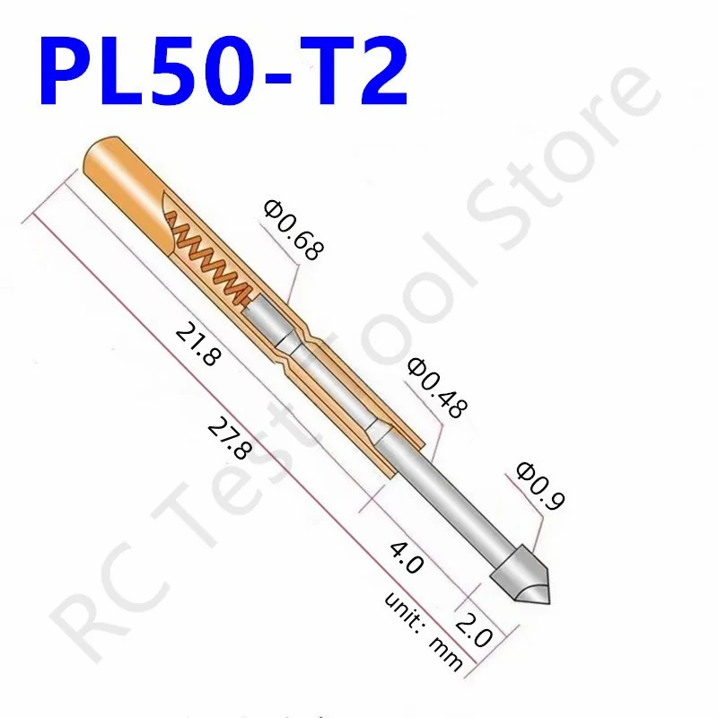 100PCS PL50-T2 Spring Test Pin PL50-T Test Probe Copper Pogo Pin Metal Test Needle Test Tool 27.8mm Dia 0.68mm 0.90mm 0.48mm