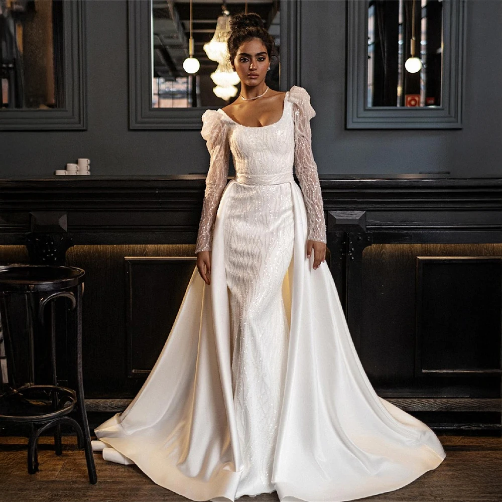 Customized Graceful Vintage Square Neck Sparkle Mermaid Dress Ruffled Lace Shoulder Detachable Glossy Train for Bride Reception