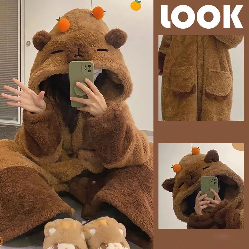 

Capybara Coral Velvet Pajama Office Nap Wearable Loose Onesie Pajamas Kids Soft Cute Animals Shape Blanket for Adult Blanket