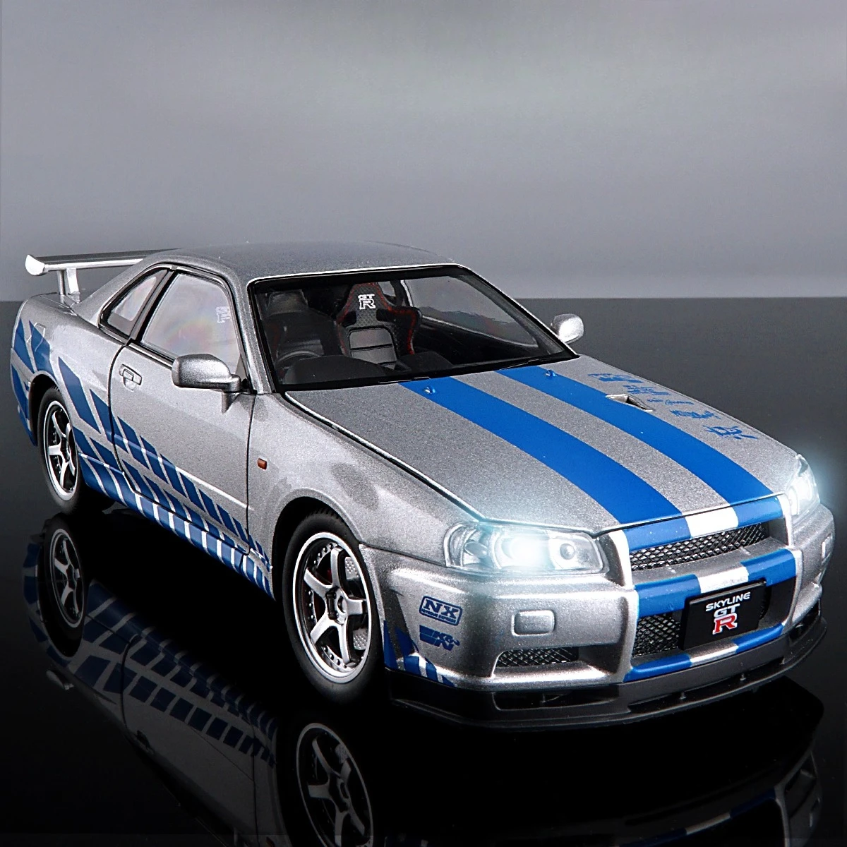 1:24 r34 skyline rápido e furioso liga modelo de carro som e luz puxar para trás brinquedo das crianças colecionáveis presente aniversário