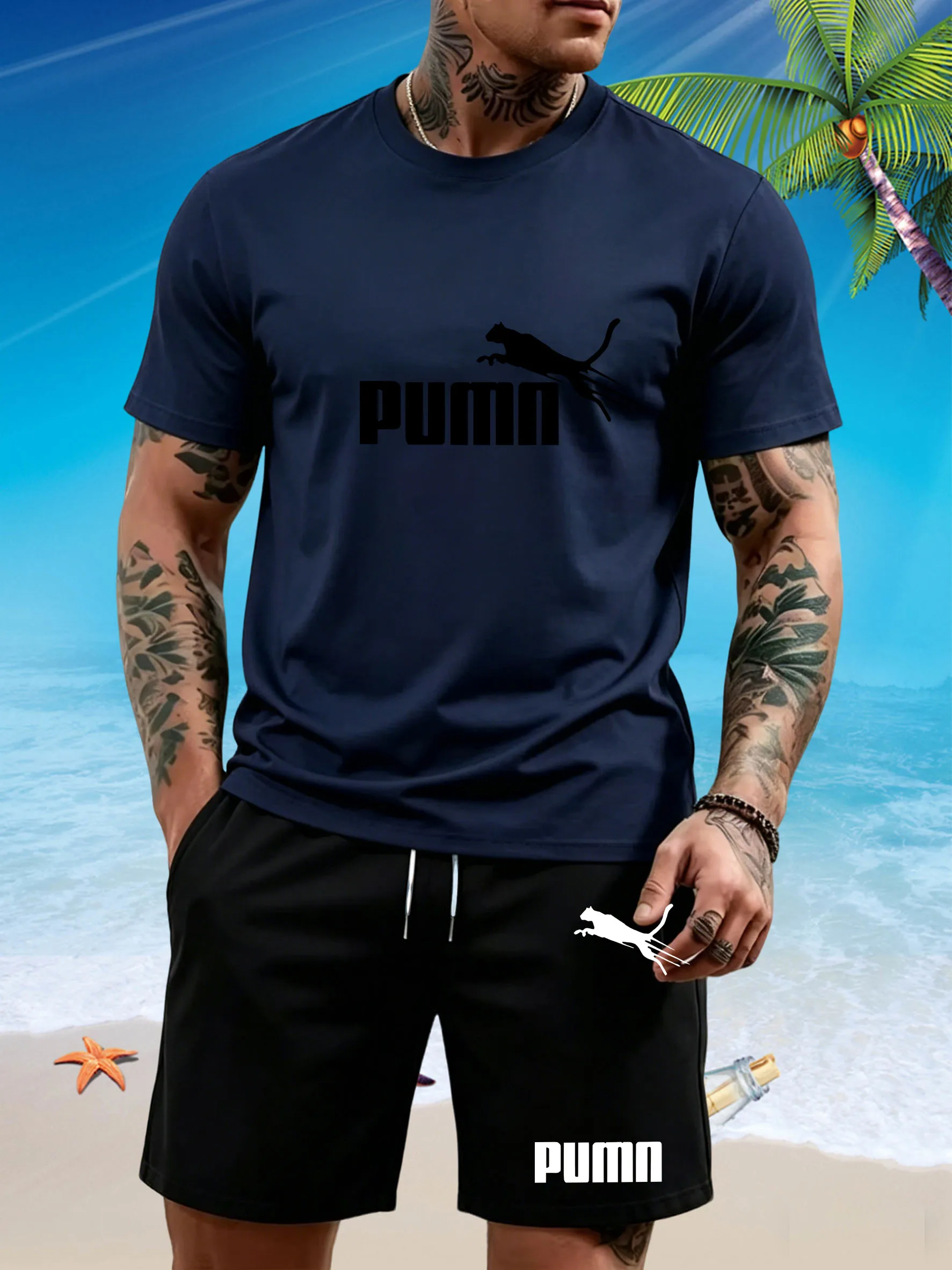 Conjunto de pantalones y camiseta de running de secado rápido para hombre, con cuello redondo y tejido elástico. Adecuado tanto para deportes como para uso casual.
