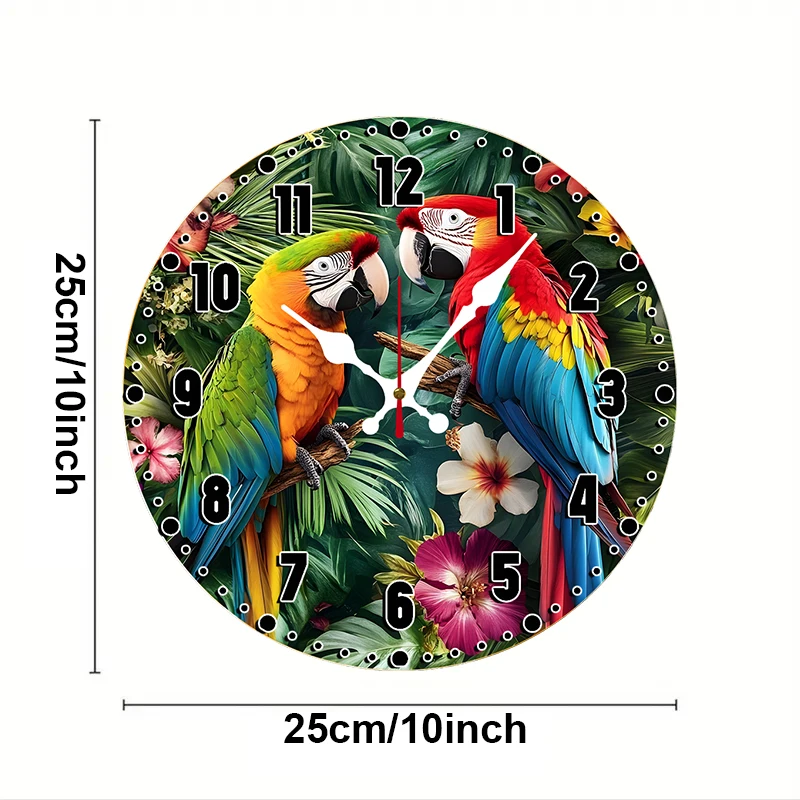 Tropical Parrot Wooden Round Silent Hanging Wall Clock, Suitable For Living Room, Office, Study Room, Bedroom, Home Decoration