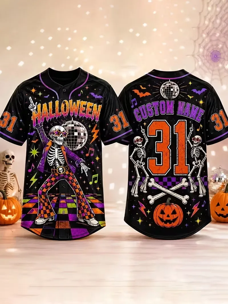 Custom Name Number Halloween Baseball Jersey Disco Dancing Skeleton Print Short Sleeve shirts Men Holiday Party Costume Tops