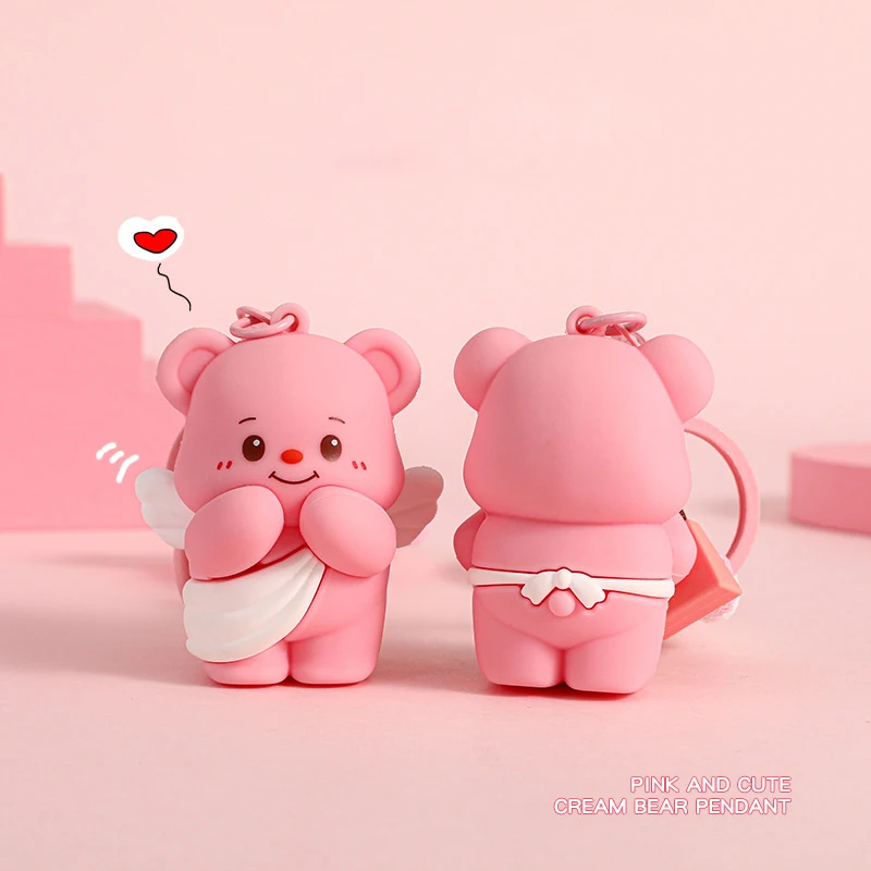 Cute Apricot Color White Gauze Angel Butter Bear Carry Handbag Keychain Hanging Pink Wearing Apron Winking Bear Doll Key Chain image 6