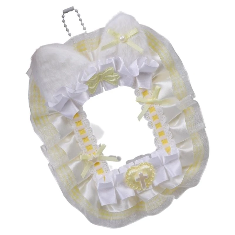 D46D Mèo sang trọng dễ thương Người giữ photocard với viền ren và tay áo cúp chuỗi đính cườm cho trang trí khóa hoặc túi quyến